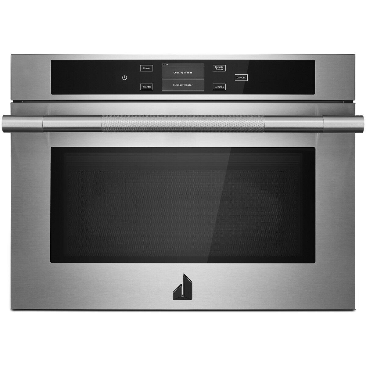 Front view of the JennAir built-in speed oven showing the wide glass control panel, touchscreen controls, and stainless handle