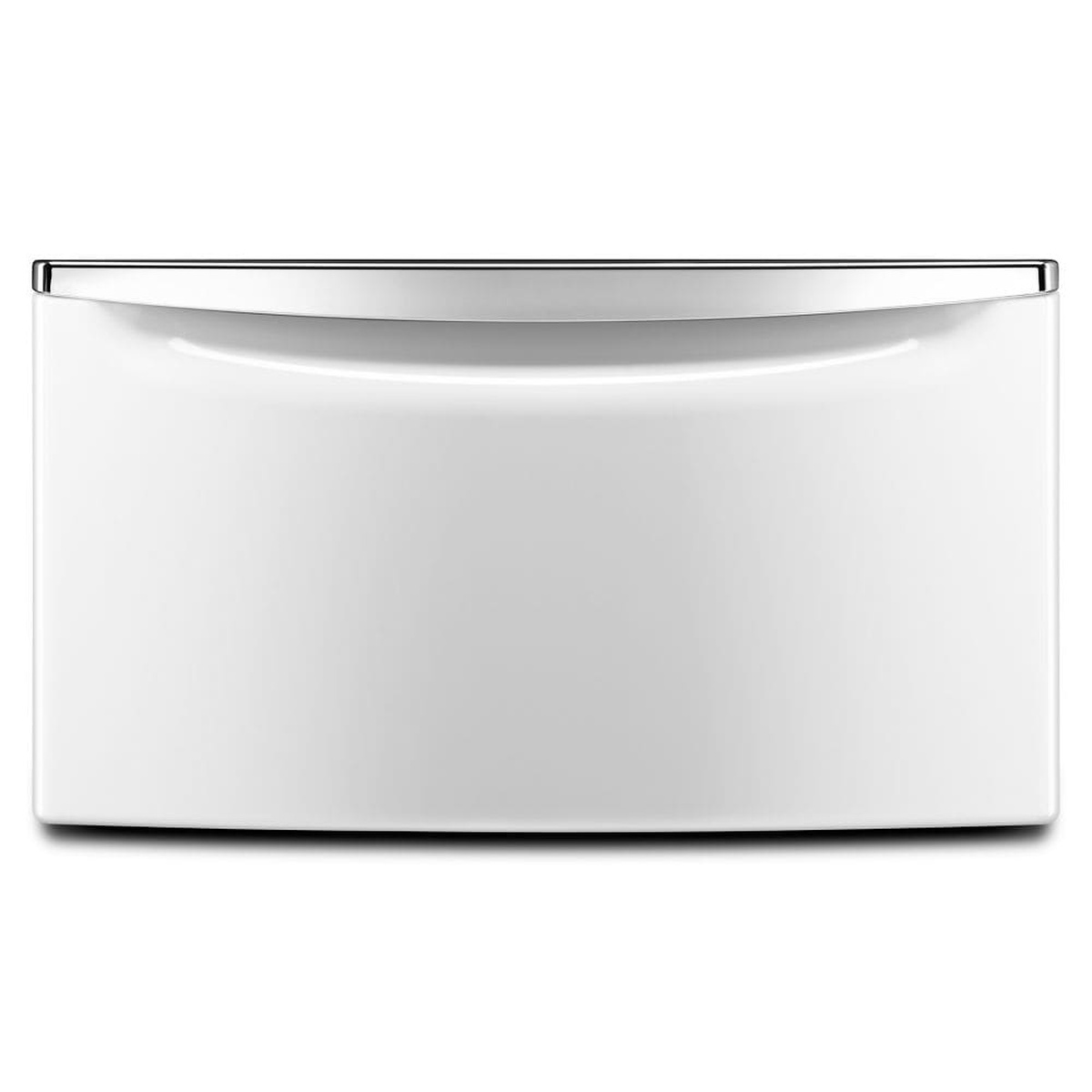 Front view of a white laundry pedestal with a chrome handle