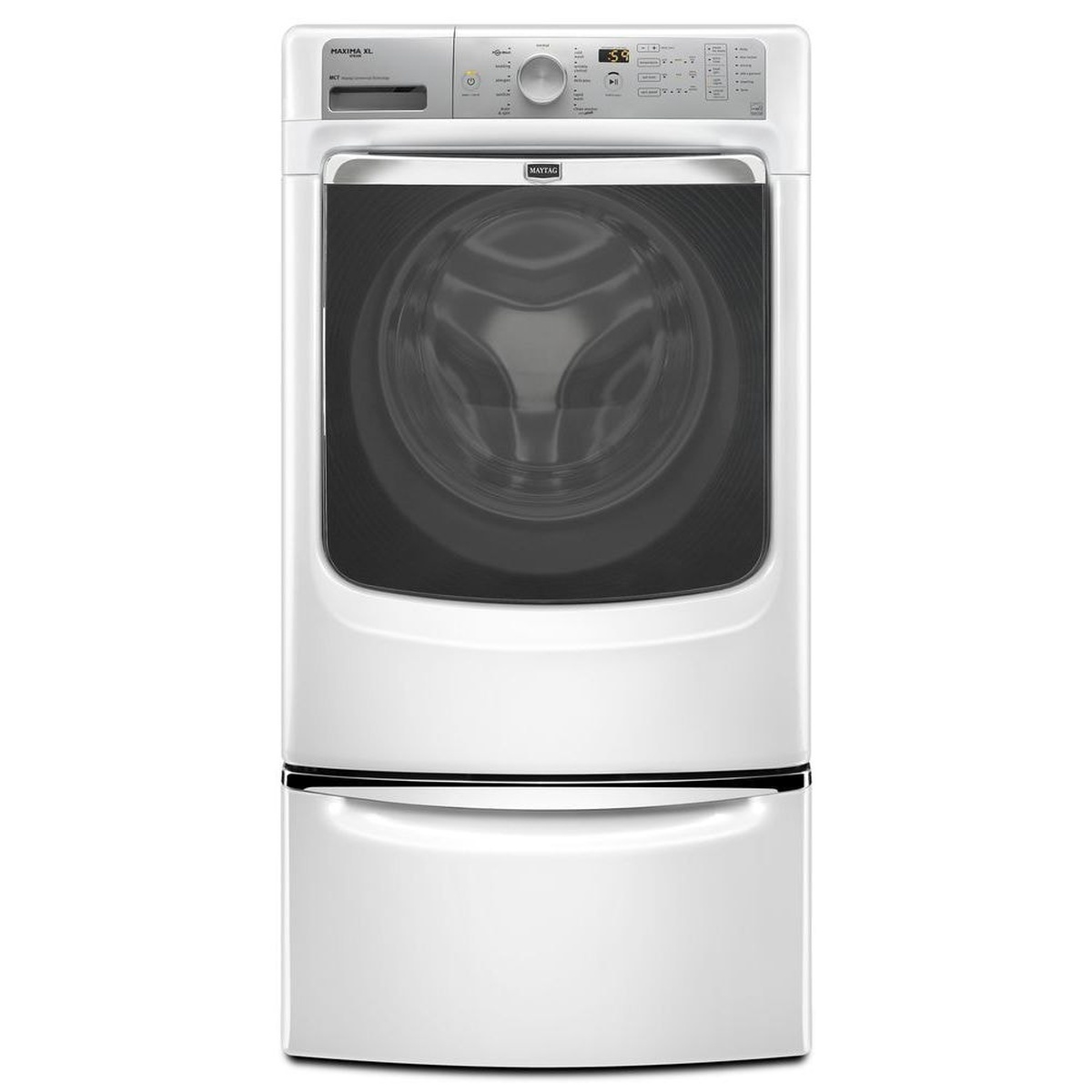 White front-load Maytag dryer shown installed on a matching white pedestal