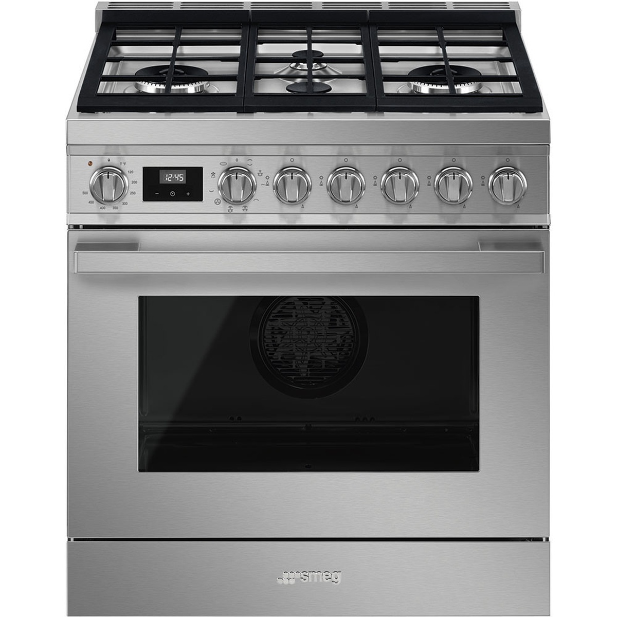 Front view of the stainless freestanding range showing the large oven window, control knobs, and lower storage drawer