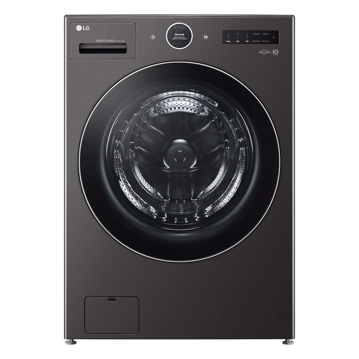 Front view of the LG WashCombo all in one in black steel with a center dial, front control panel, and large glass door.