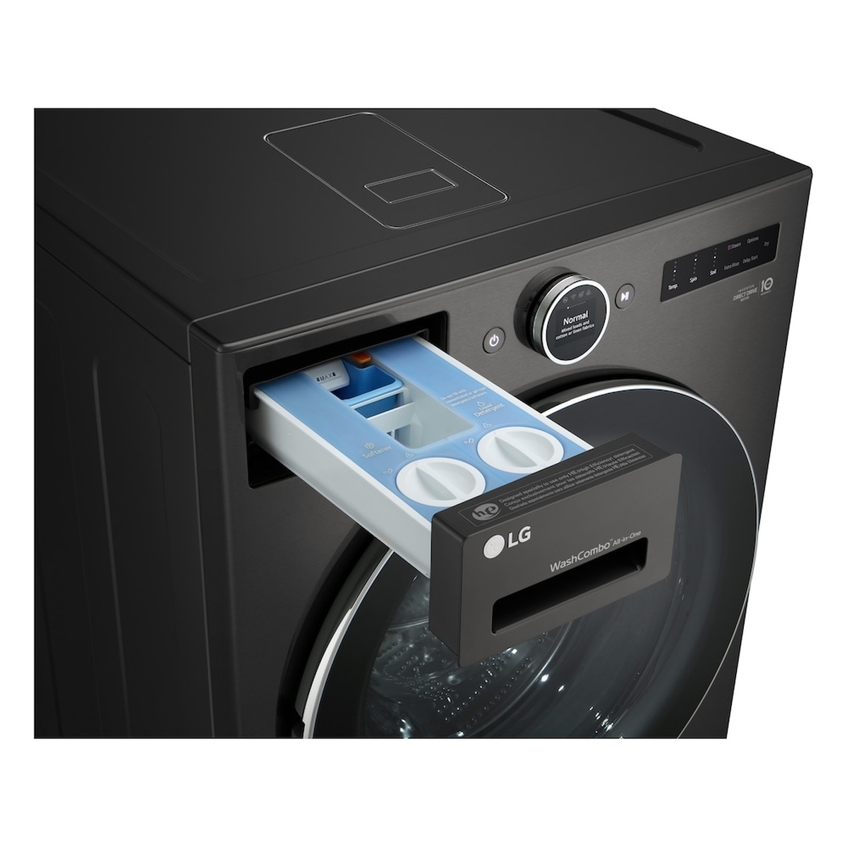 Angled view of the LG WashCombo with the detergent drawer pulled out showing multiple compartments and reservoirs.