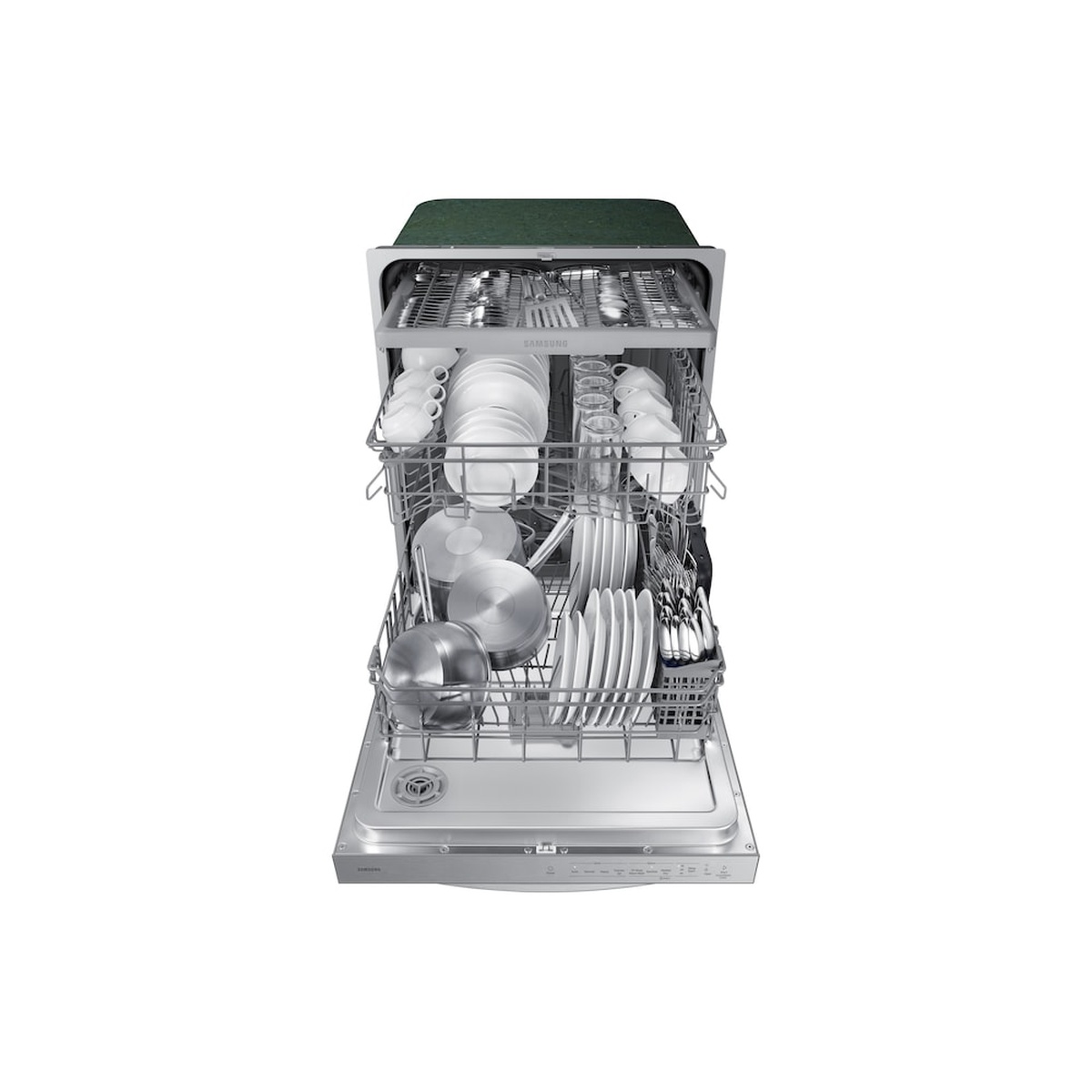 Open Samsung built-in dishwasher showing three racks loaded with plates, cups, and utensils