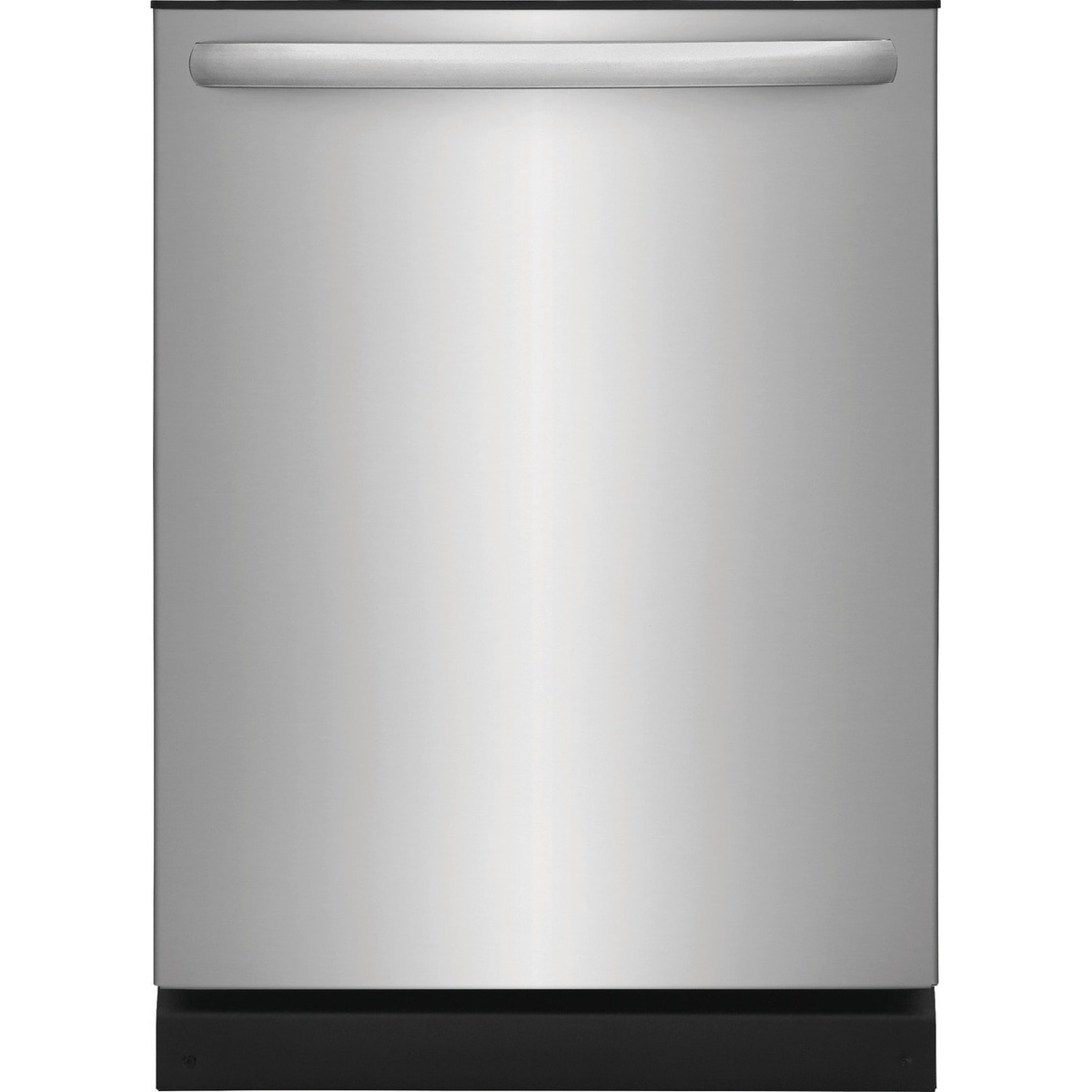 Front view of the Frigidaire FDPH431LAF built-in dishwasher in a stainless finish with a top handle