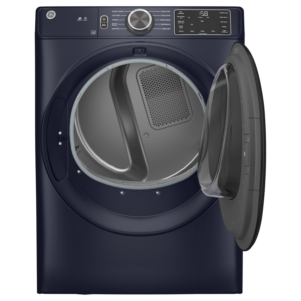 GE front-load electric dryer with the door open, showing the drum interior