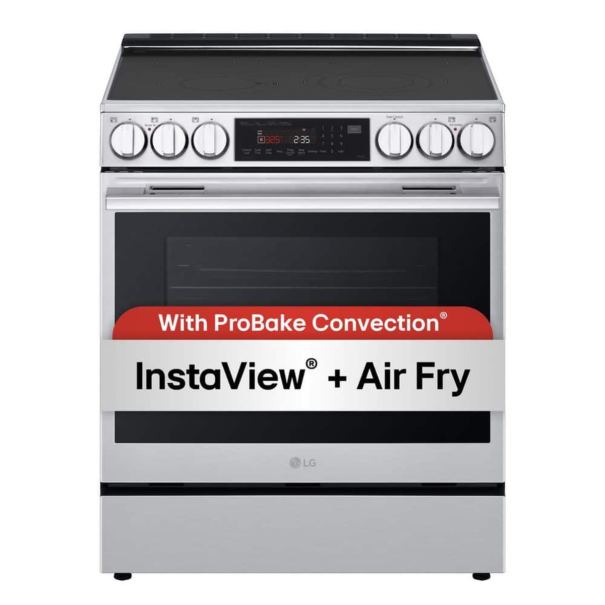 Front view of the LG LSEL6335XE slide-in electric range showing the control panel and oven door with InstaView and Air Fry callouts