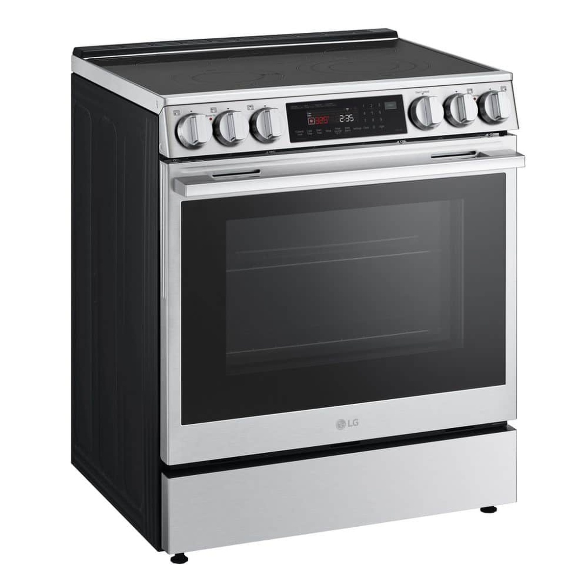 Angled view of the LG LSEL6335XE slide-in electric range showing the stainless finish, glass cooktop, and front controls