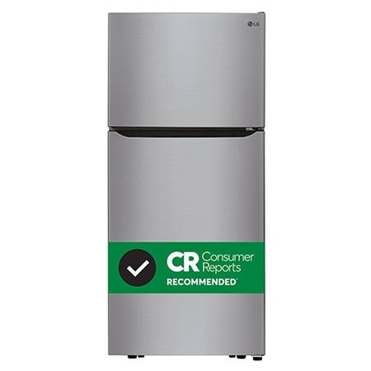 Front view of an LG platinum-silver top-freezer refrigerator with a Consumer Reports Recommended badge