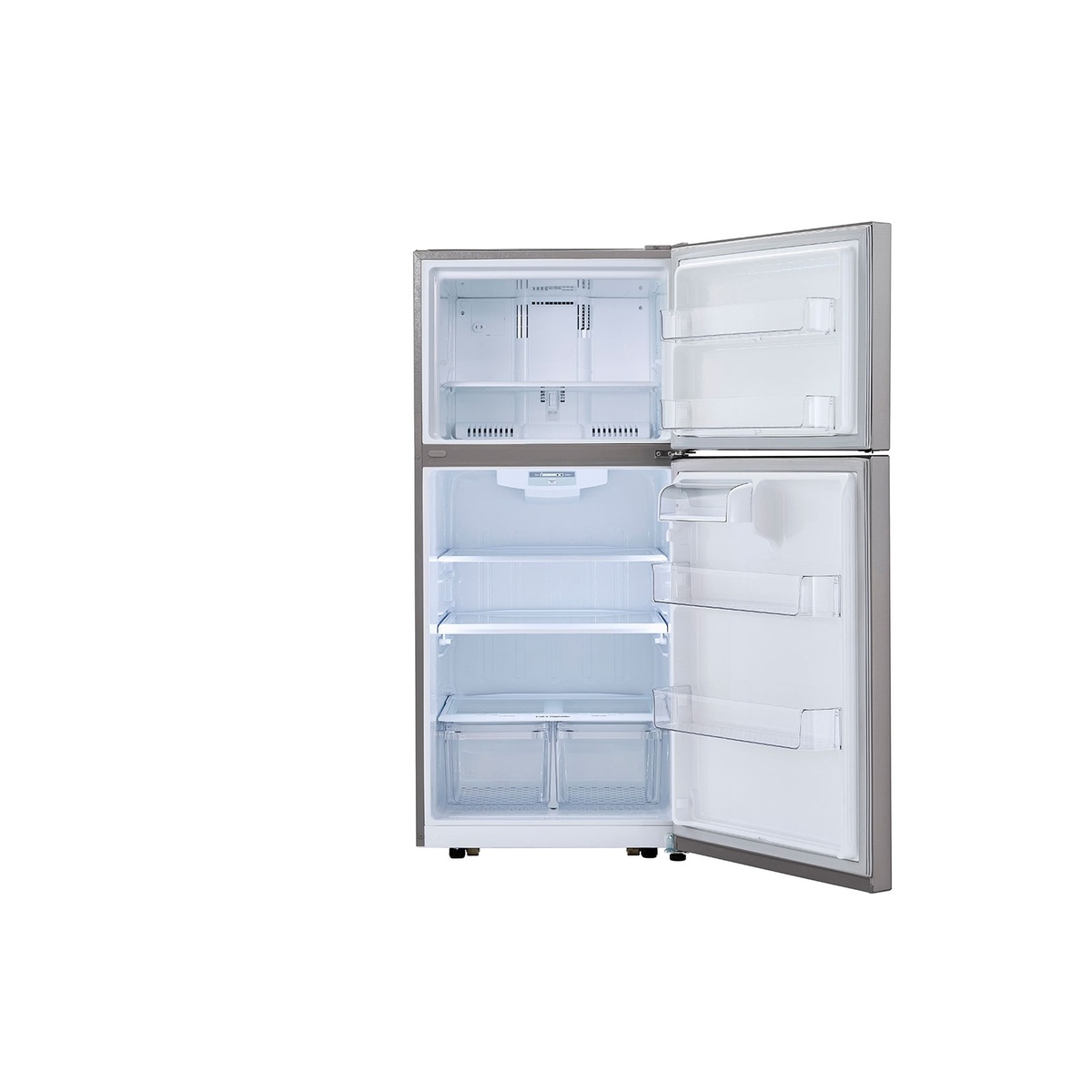 LG top-freezer refrigerator with both doors open, showing freezer shelf, refrigerator shelves, door bins, and two clear produce drawers