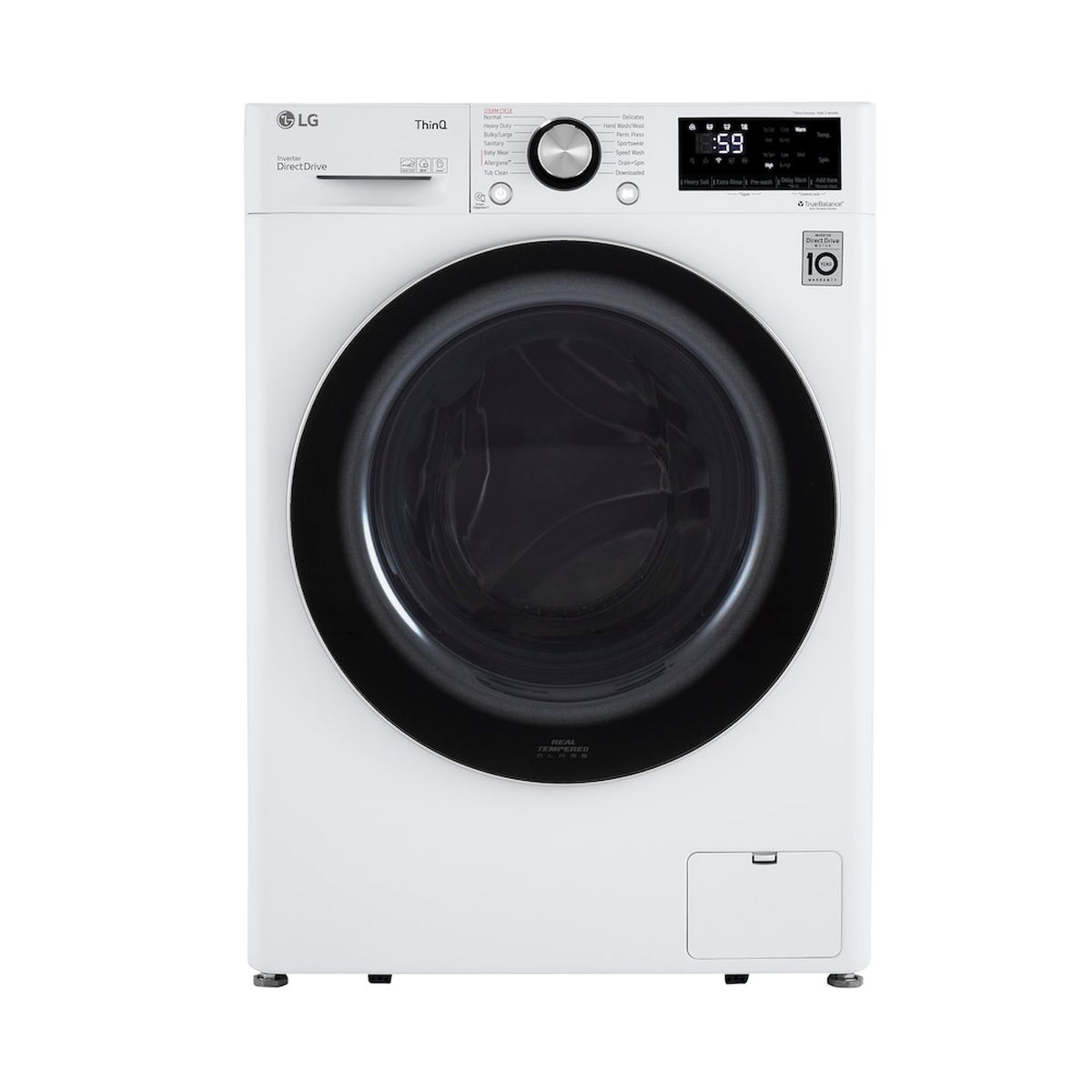 Front view of the white LG compact front load washer with dark tinted door and top control panel