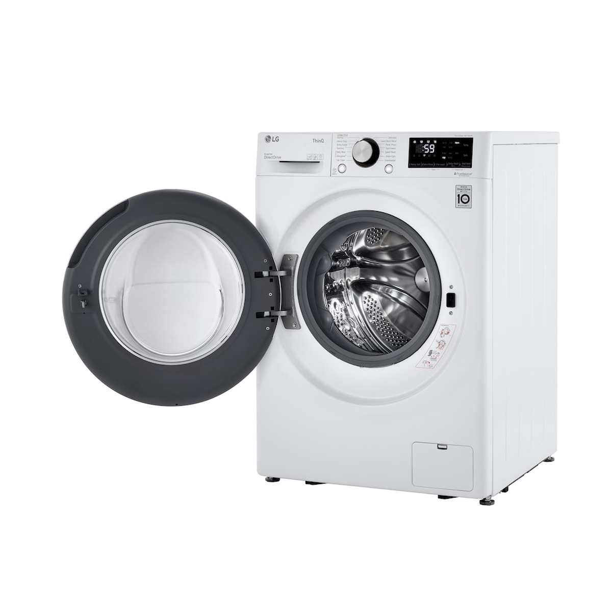 LG compact front load washer with the door open, showing the stainless steel drum and the front control panel
