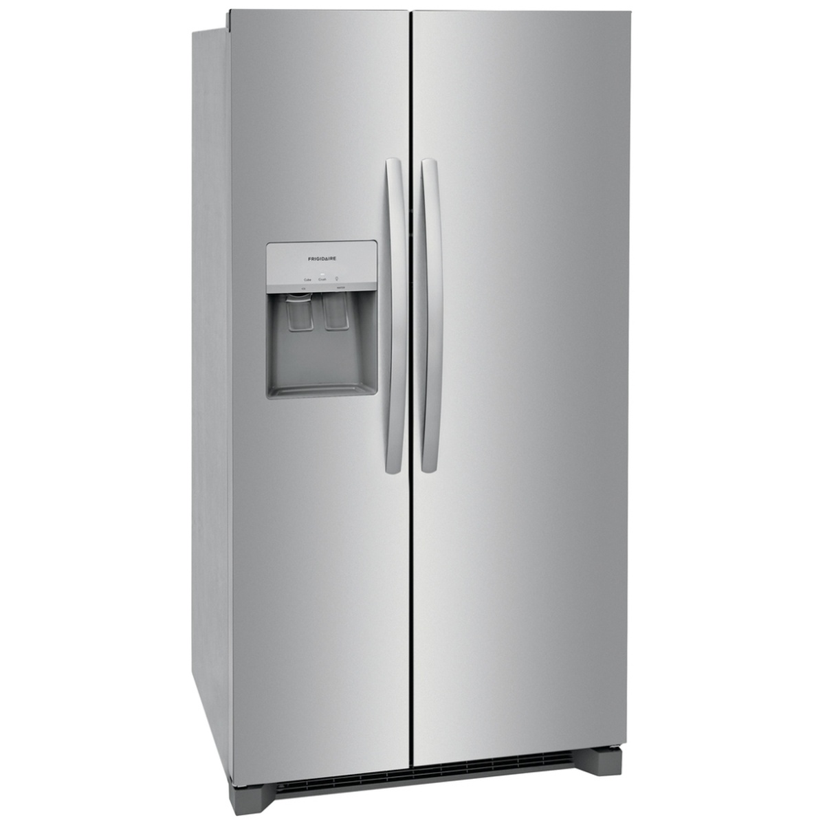 Angled front view of a stainless steel Frigidaire side-by-side refrigerator with an external water and ice dispenser