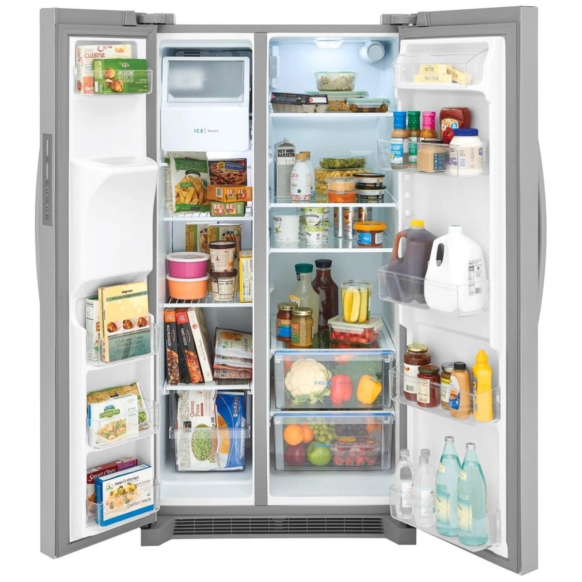 Open Frigidaire side-by-side refrigerator filled with food, showing adjustable shelves, door bins, crispers, and freezer ice maker
