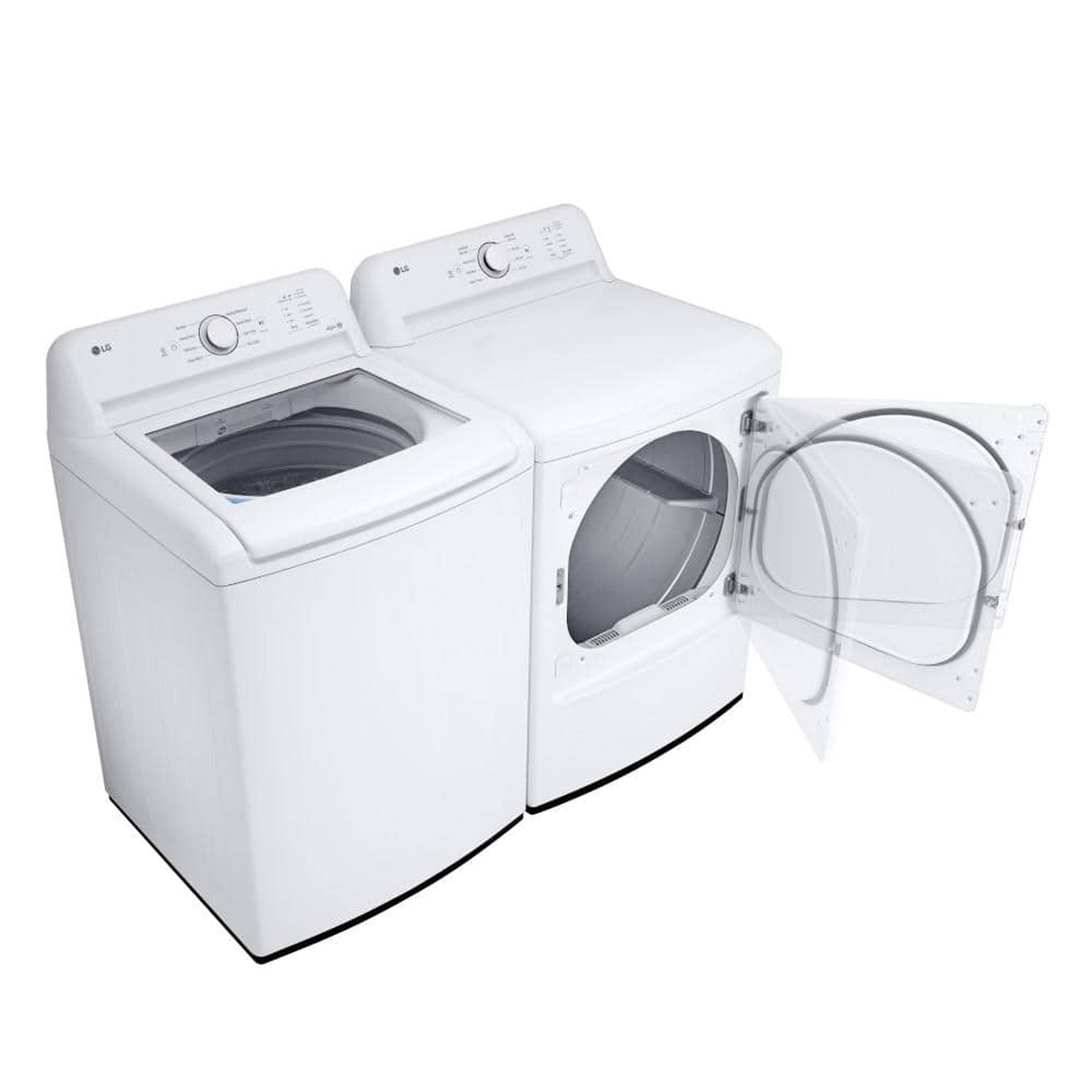 LG top-load washer pictured next to a matching LG dryer, with the dryer door open
