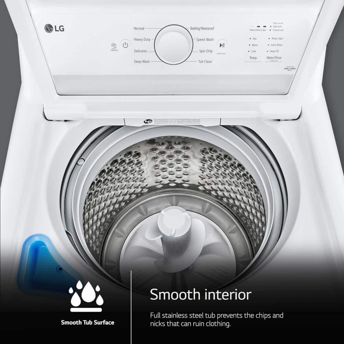 Open LG top-load washer showing the stainless steel wash tub and center agitator