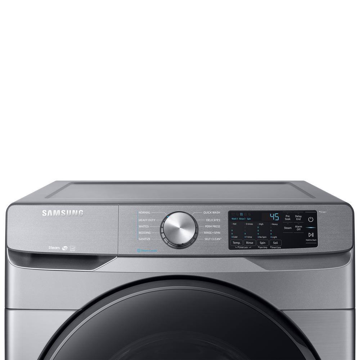 Close-up of the Samsung WF45R6100AP washer control panel with cycle knob and digital display