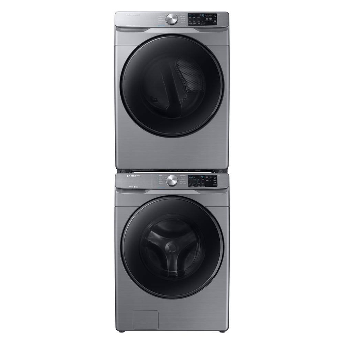 Stacked Samsung platinum front-load washer and matching dryer