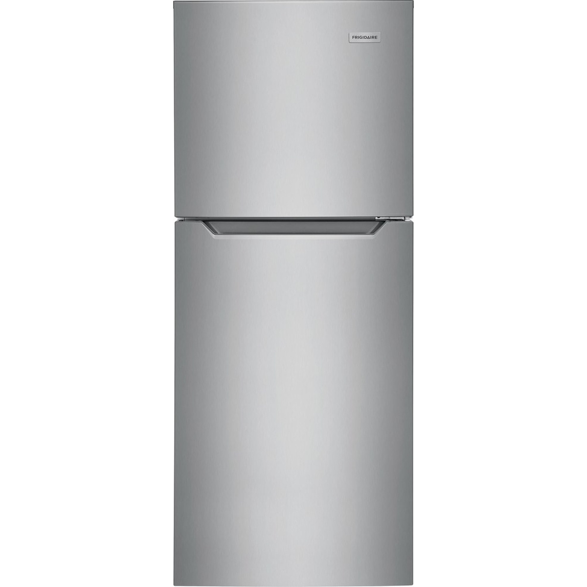 Front view of the Frigidaire FFET1022UV top-freezer refrigerator in a brushed steel look finish