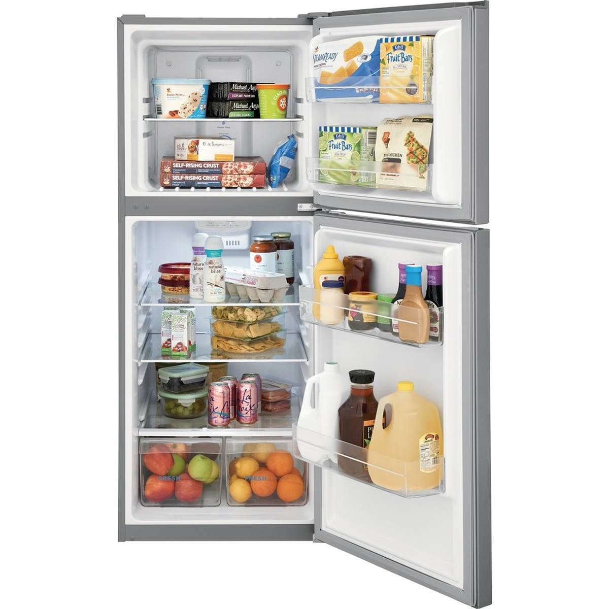 Open Frigidaire top-freezer refrigerator showing adjustable glass shelves, clear door bins, and two clear crisper drawers with food inside