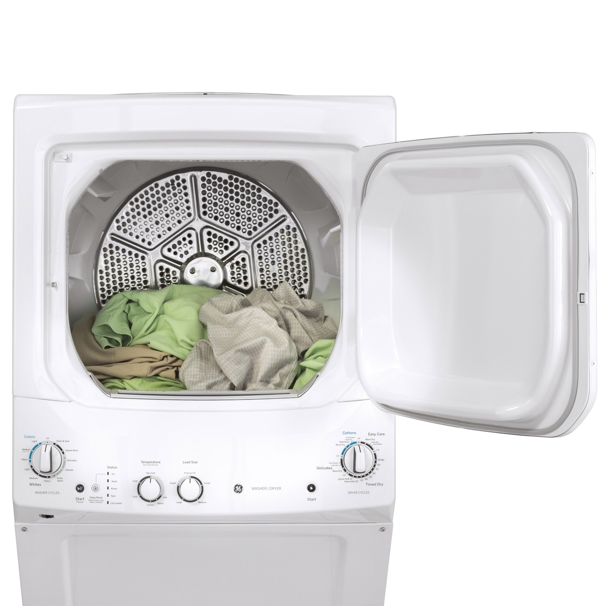 Dryer door open on a white stacked laundry centre, showing clothes inside and the dial controls below