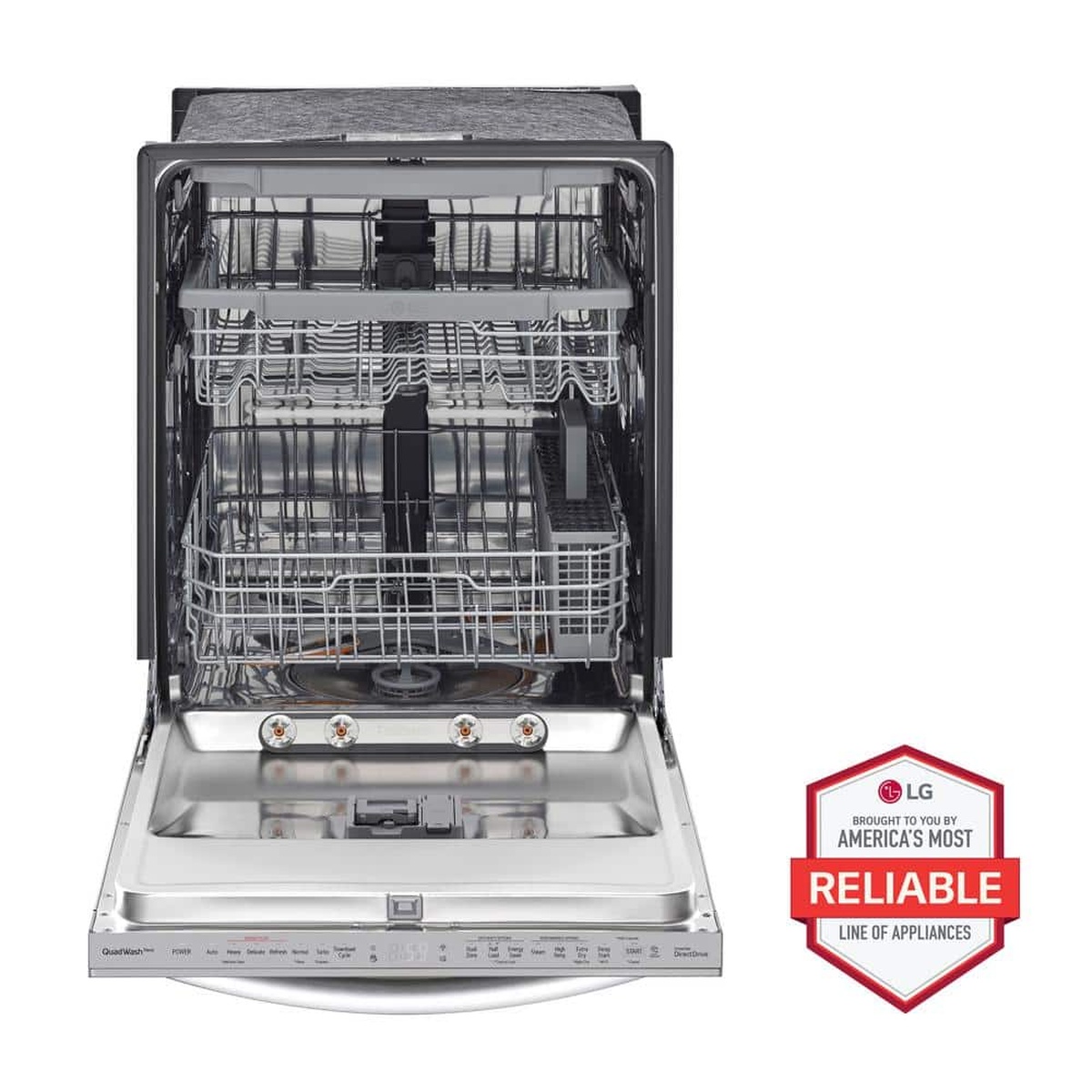 Open LG dishwasher showing three interior racks and the top control panel along the door edge