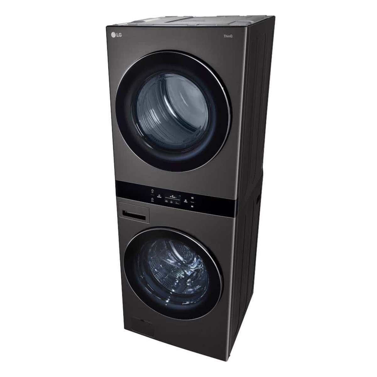 Angled view of the LG WashTower in black steel showing the stacked washer and dryer with center control panel