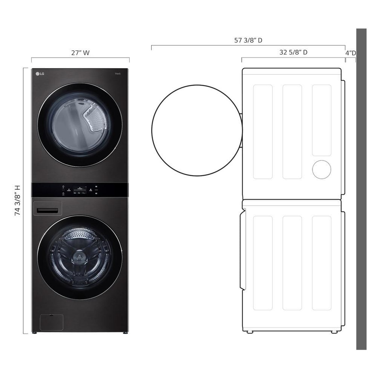 Dimension diagram of the LG WashTower showing 27 inch width, 74 3/8 inch height, 32 5/8 inch depth, and depth with door open