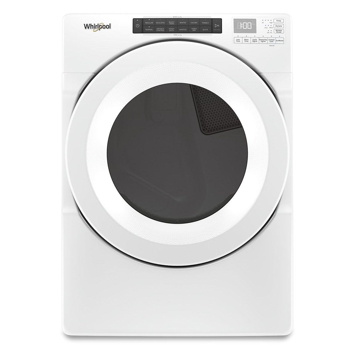 Front view of a white Whirlpool front-load electric dryer with a large circular door
