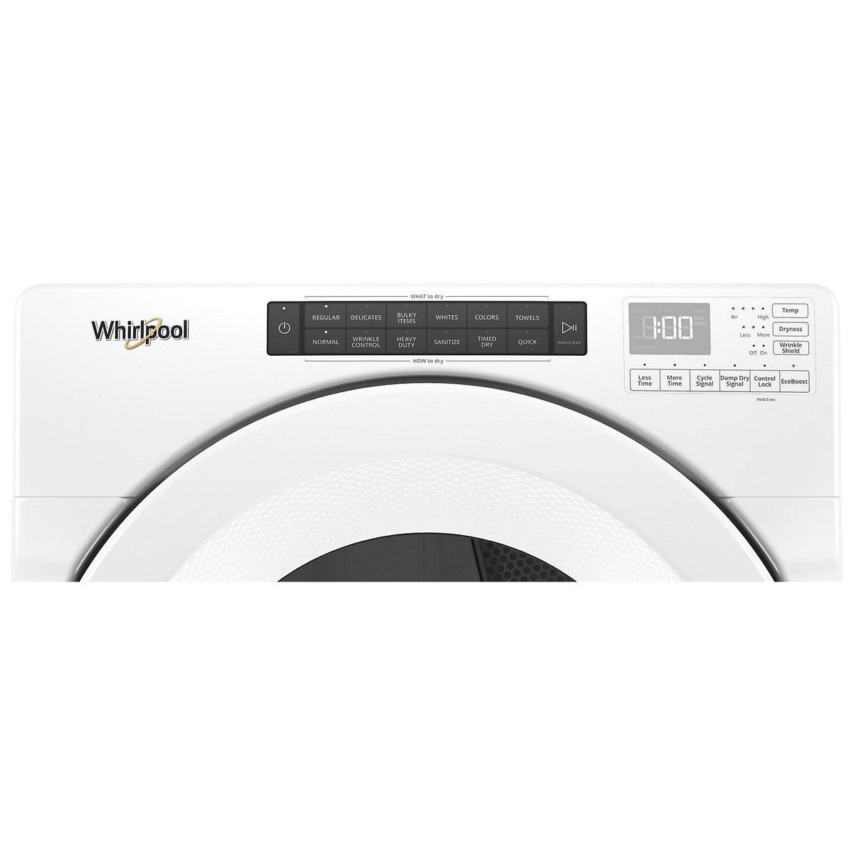 Close-up of the Whirlpool dryer control panel with touch buttons, cycle categories, and digital time display