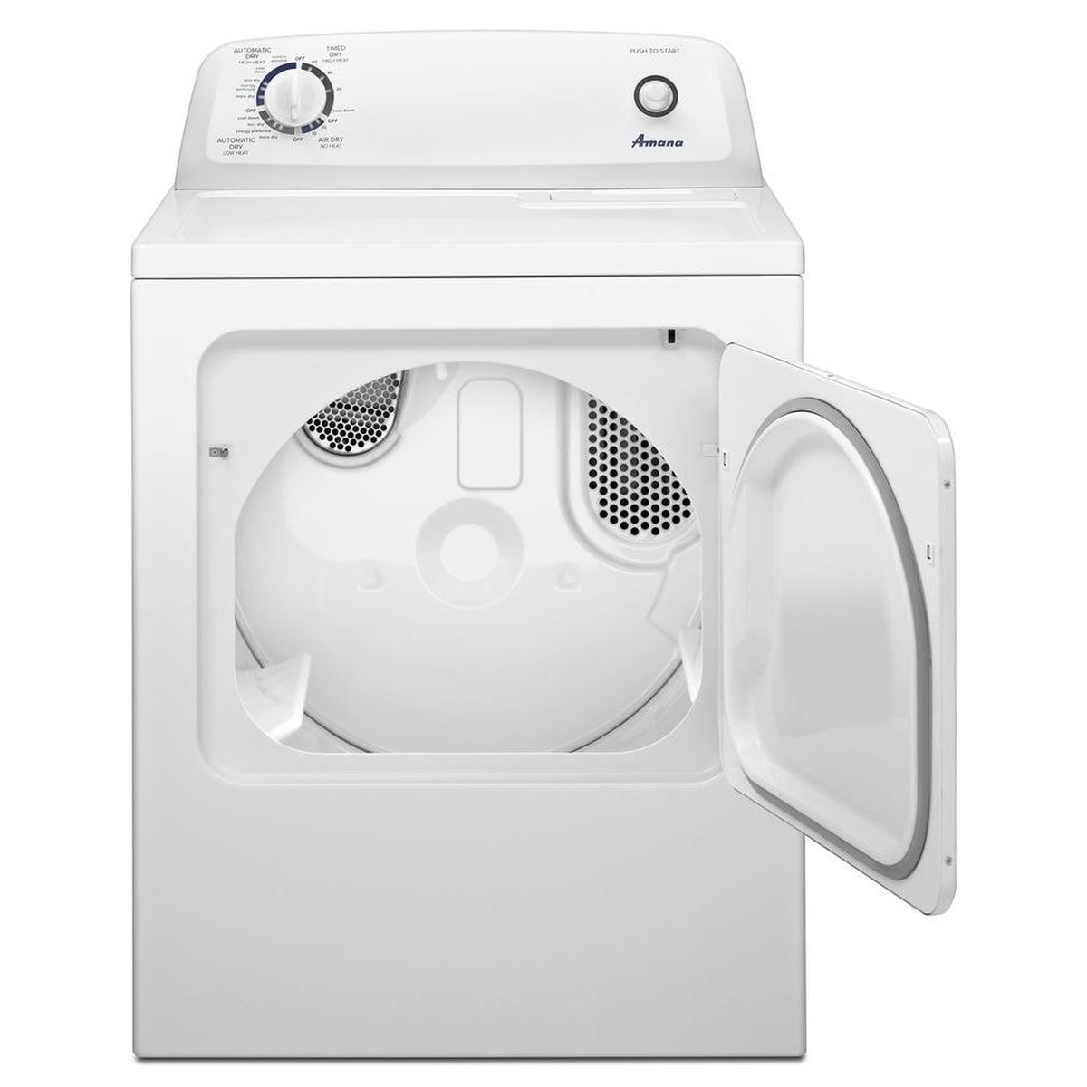 Front view of a white Amana dryer with the door open, showing the drum opening and the rear control panel with a cycle dial and push-to-start button