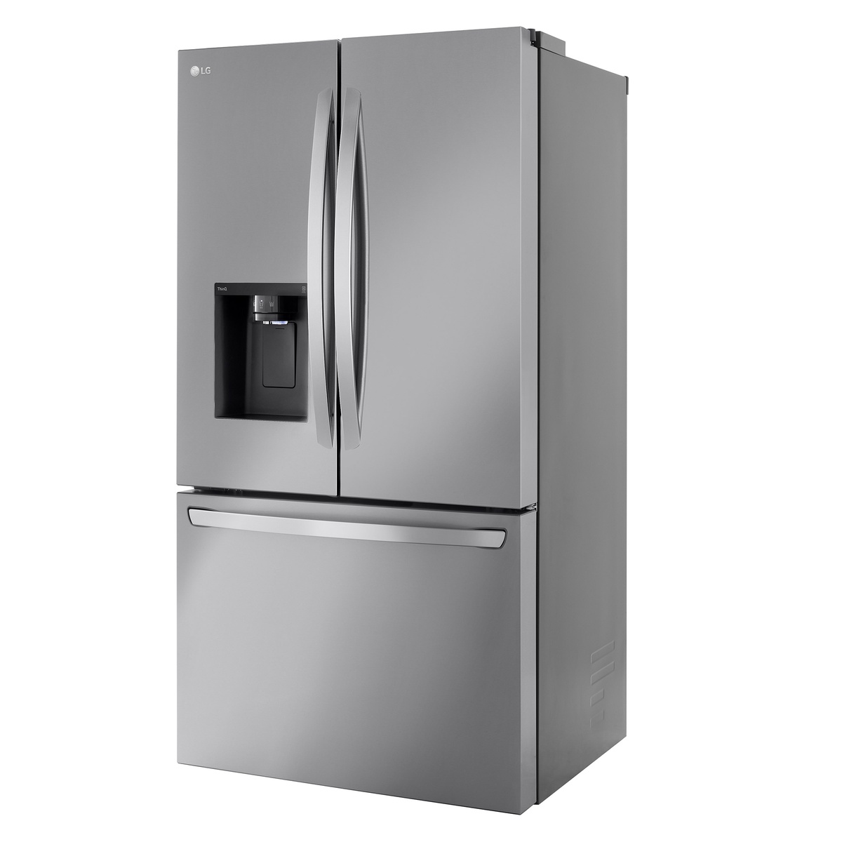 Angled view of an LG stainless steel French door refrigerator showing the exterior dispenser and curved door handles
