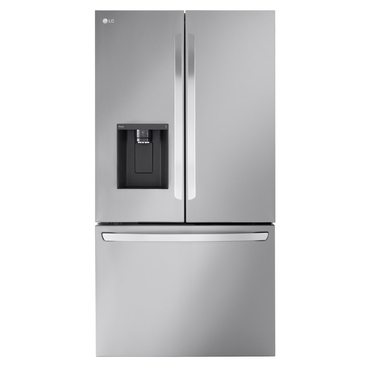Front view of an LG stainless steel French door refrigerator with an exterior ice and water dispenser and bottom freezer drawer