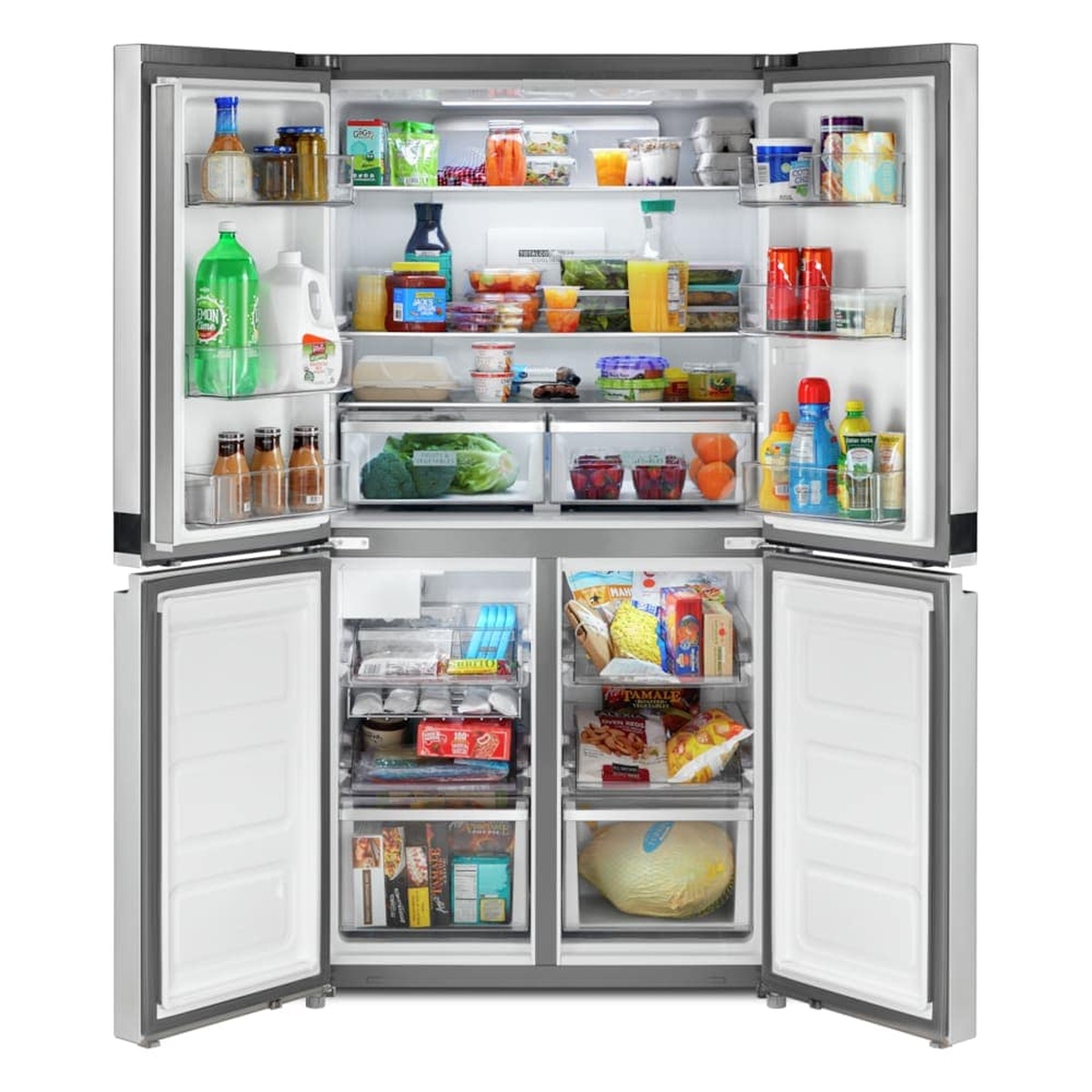 Open Whirlpool 4 door refrigerator fully stocked, showing adjustable glass shelves, clear door bins, two produce drawers, and two lower freezer compartments