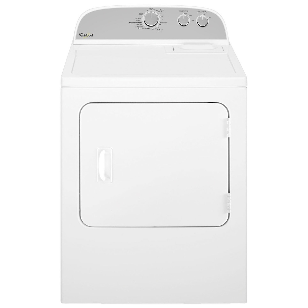 White Whirlpool electric dryer shown from the front with a top-mounted dial control panel and side-swing door