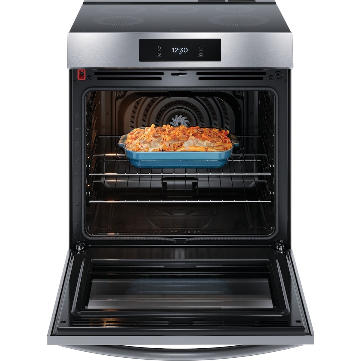 Oven door open showing interior racks, convection fan, and a casserole dish baking inside