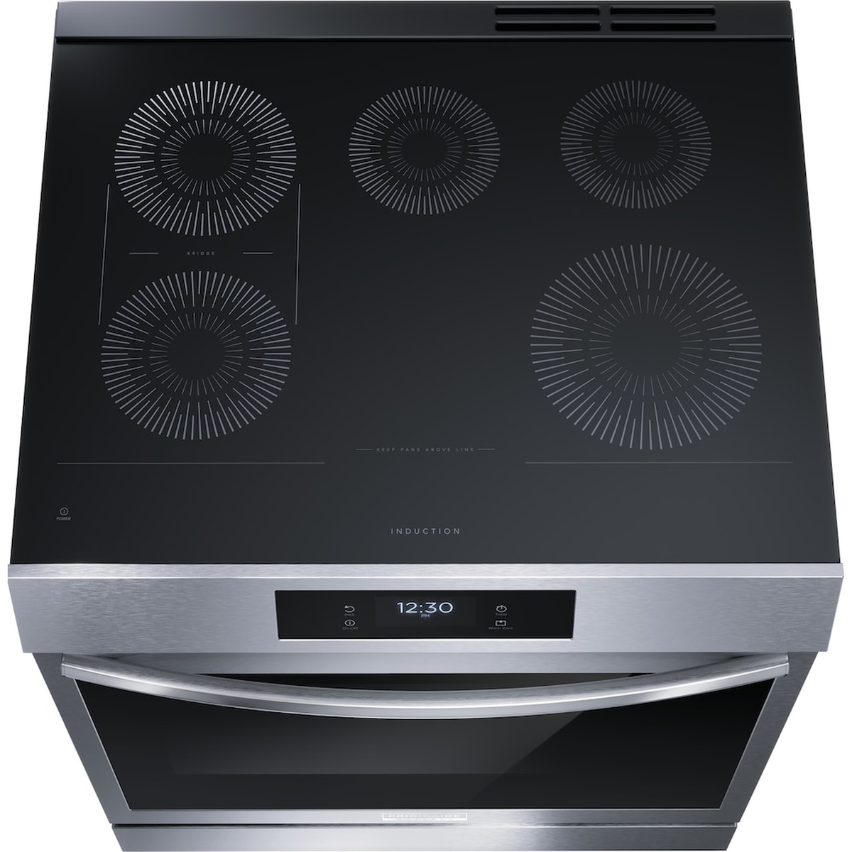Top view of black glass induction cooktop with five marked cooking zones and a front digital control panel