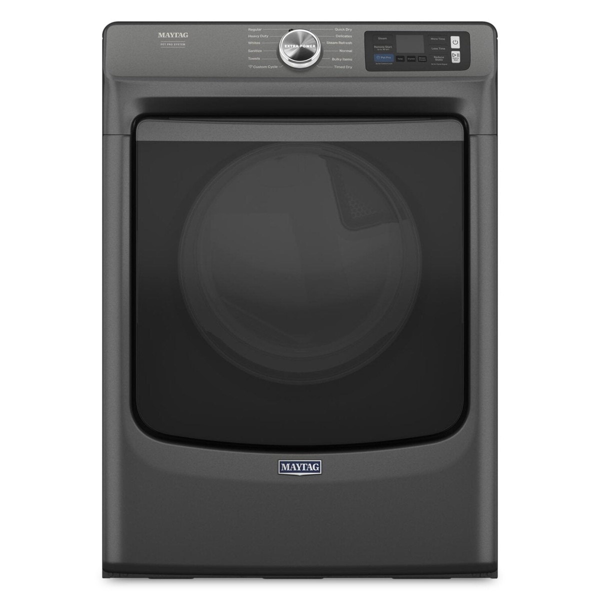Front view of a Maytag electric dryer in Volcano Black with a large front-loading door and top control panel.