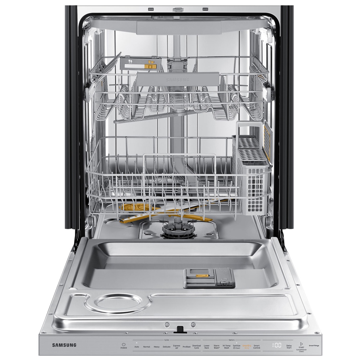 Open Samsung dishwasher showing stainless interior with third rack, upper and lower racks, and top control panel