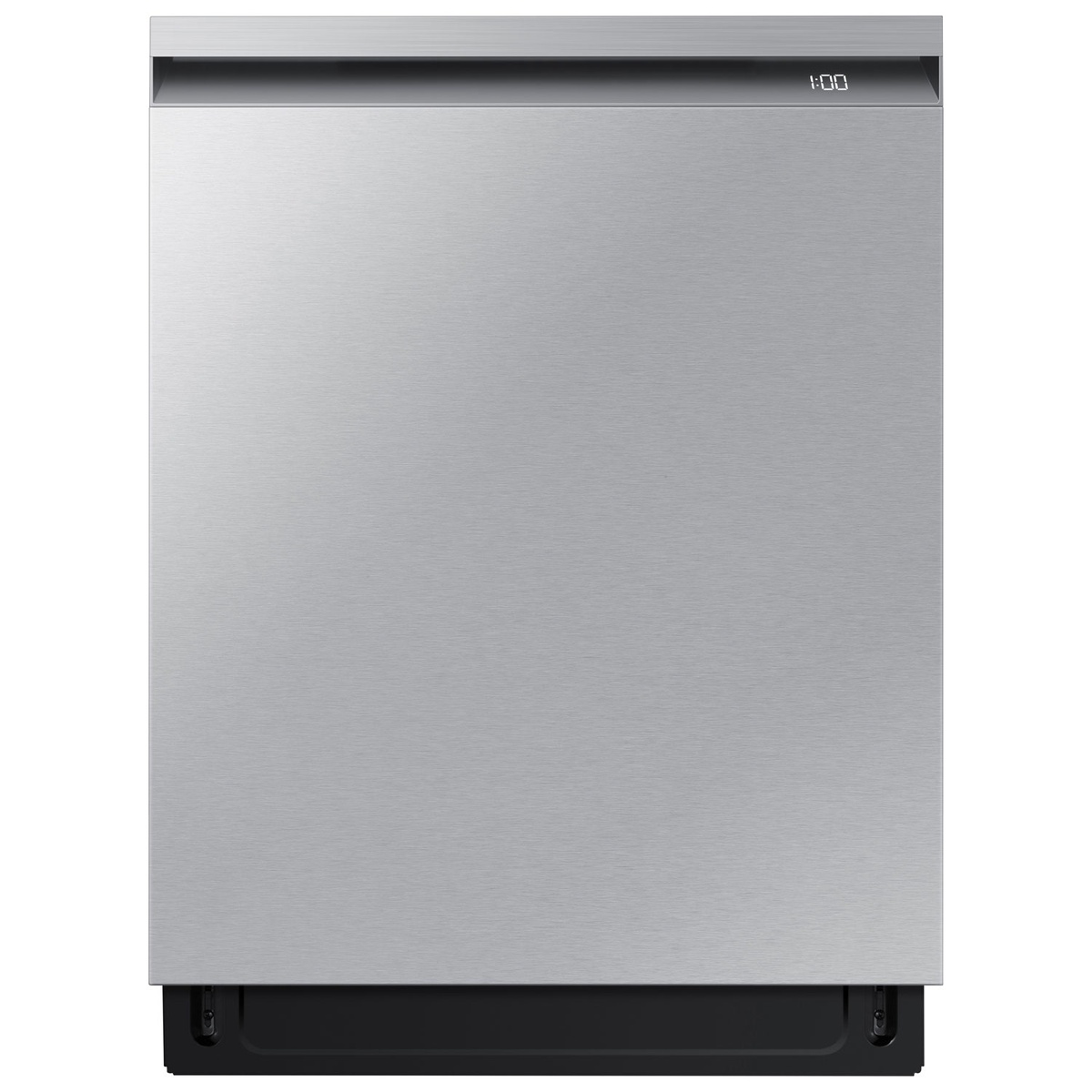 Front view of Samsung stainless steel built-in dishwasher with pocket handle