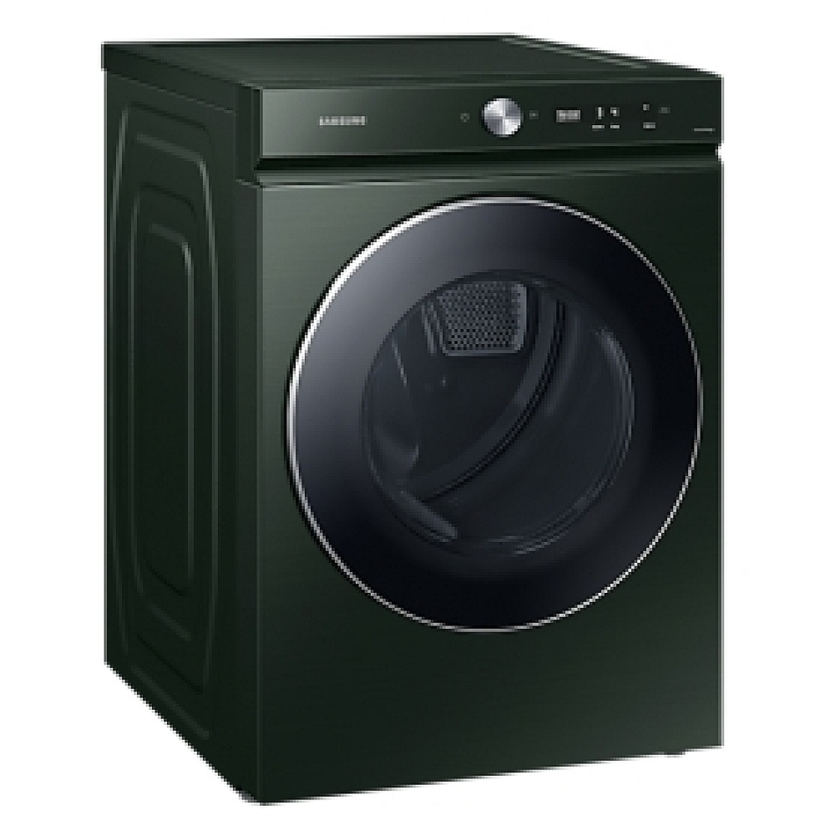 Angled view of the Samsung BESPOKE Forest Green front-load dryer showing the flat-panel front and round door.