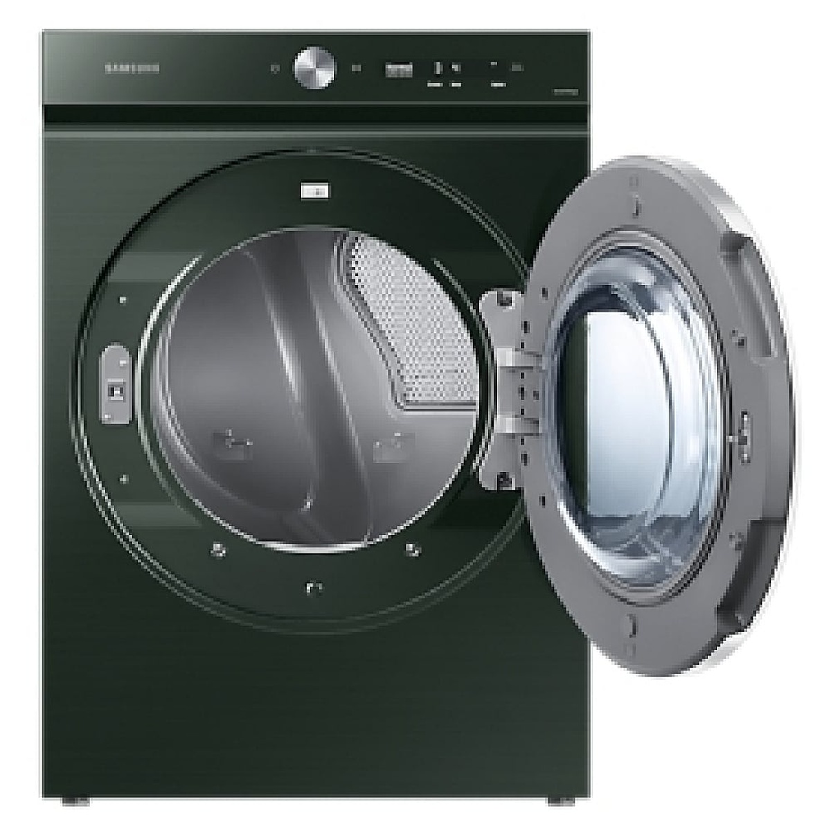 Front view of a Forest Green Samsung dryer with the door open, showing the drum and large round door opening.