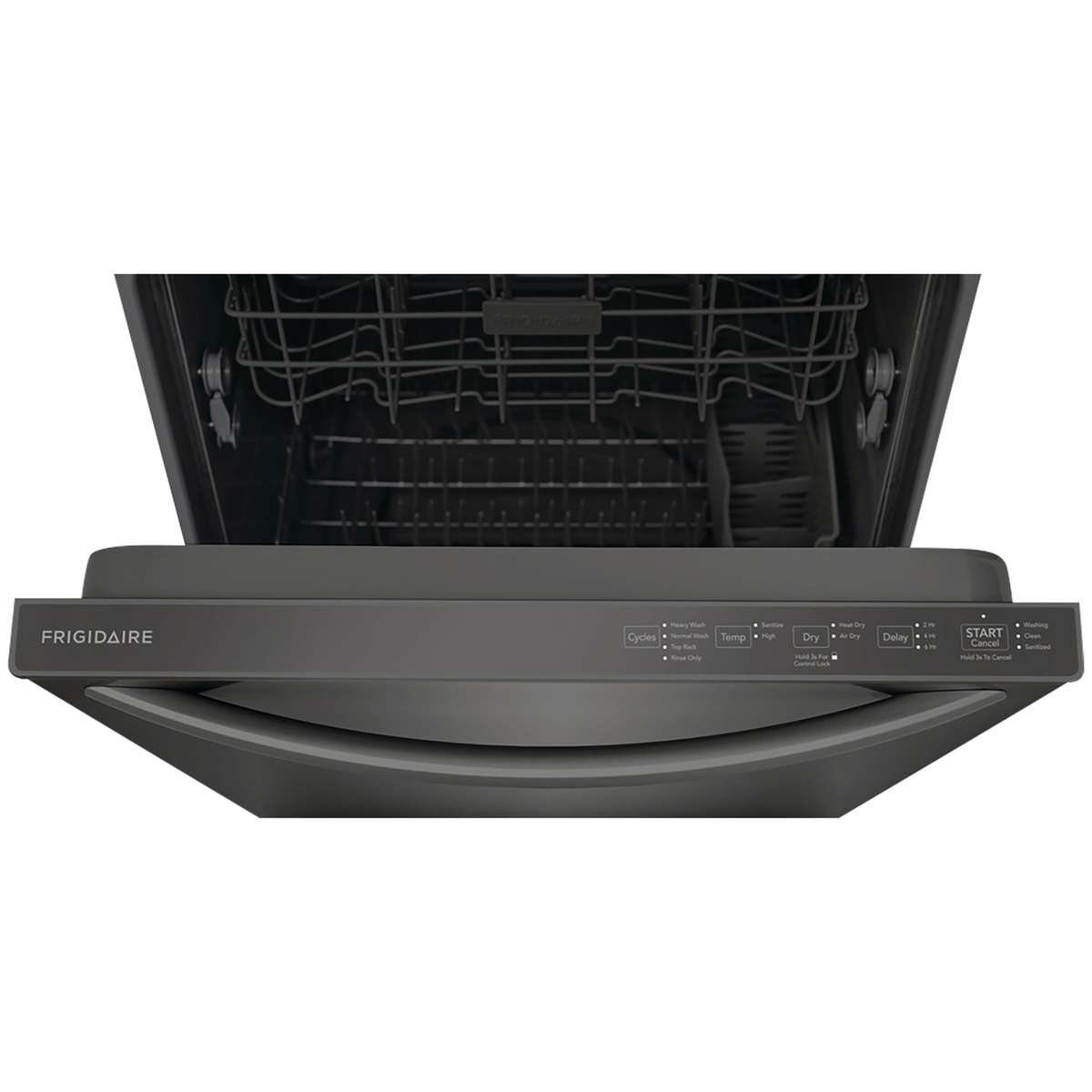 Frigidaire built-in dishwasher shown open with a top-edge control panel and two interior racks