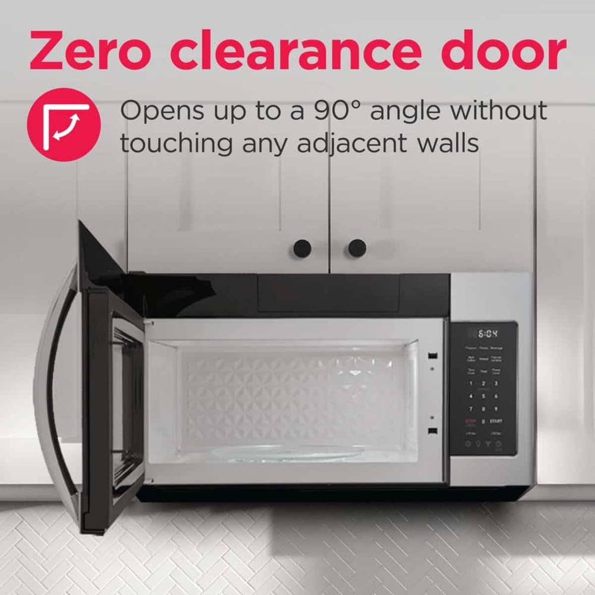 Over-the-range microwave installed under cabinets with the door open, showing a zero-clearance 90-degree door opening callout