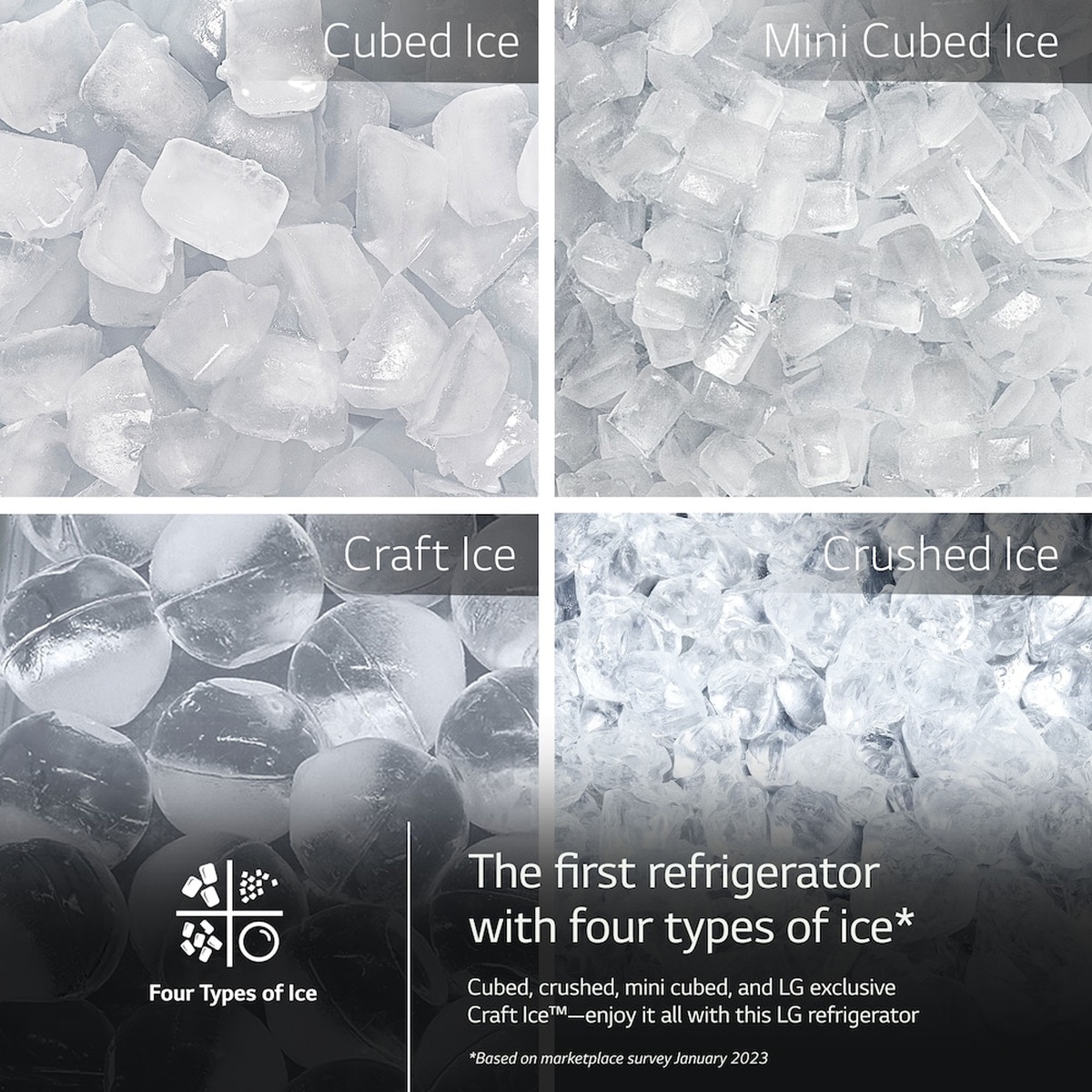 Close-up collage showing four ice types labeled cubed ice, mini cubed ice, craft ice, and crushed ice