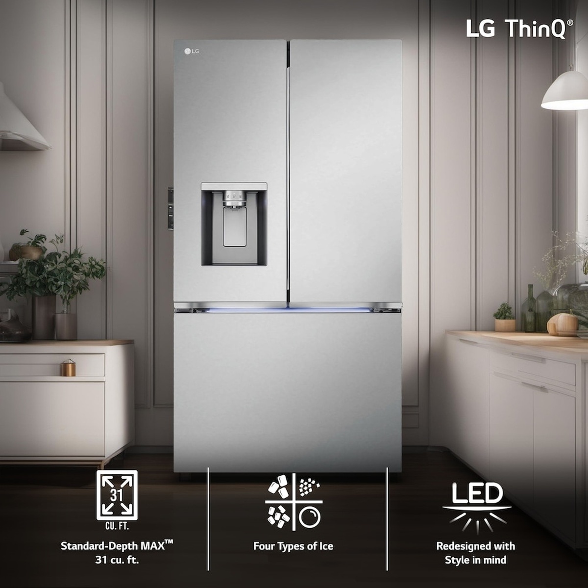 LG French door refrigerator in a kitchen with LG ThinQ logo and feature icons