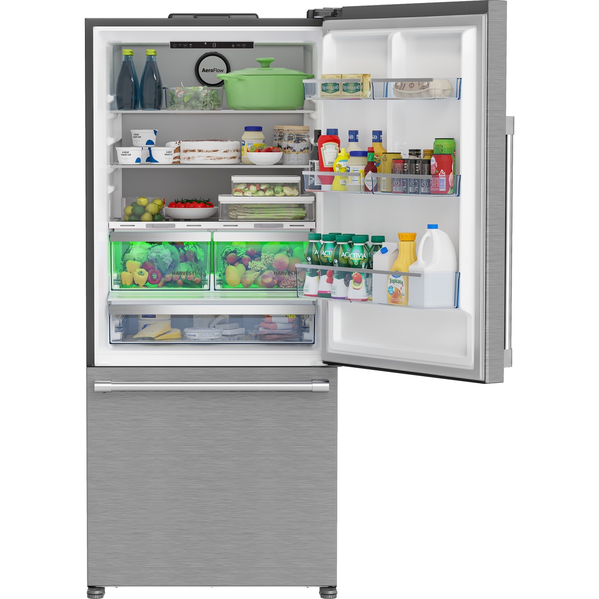 Open Beko bottom-freezer refrigerator showing adjustable shelves, door bins, top touch controls, and two crisper drawers lit with green HarvestFresh lighting