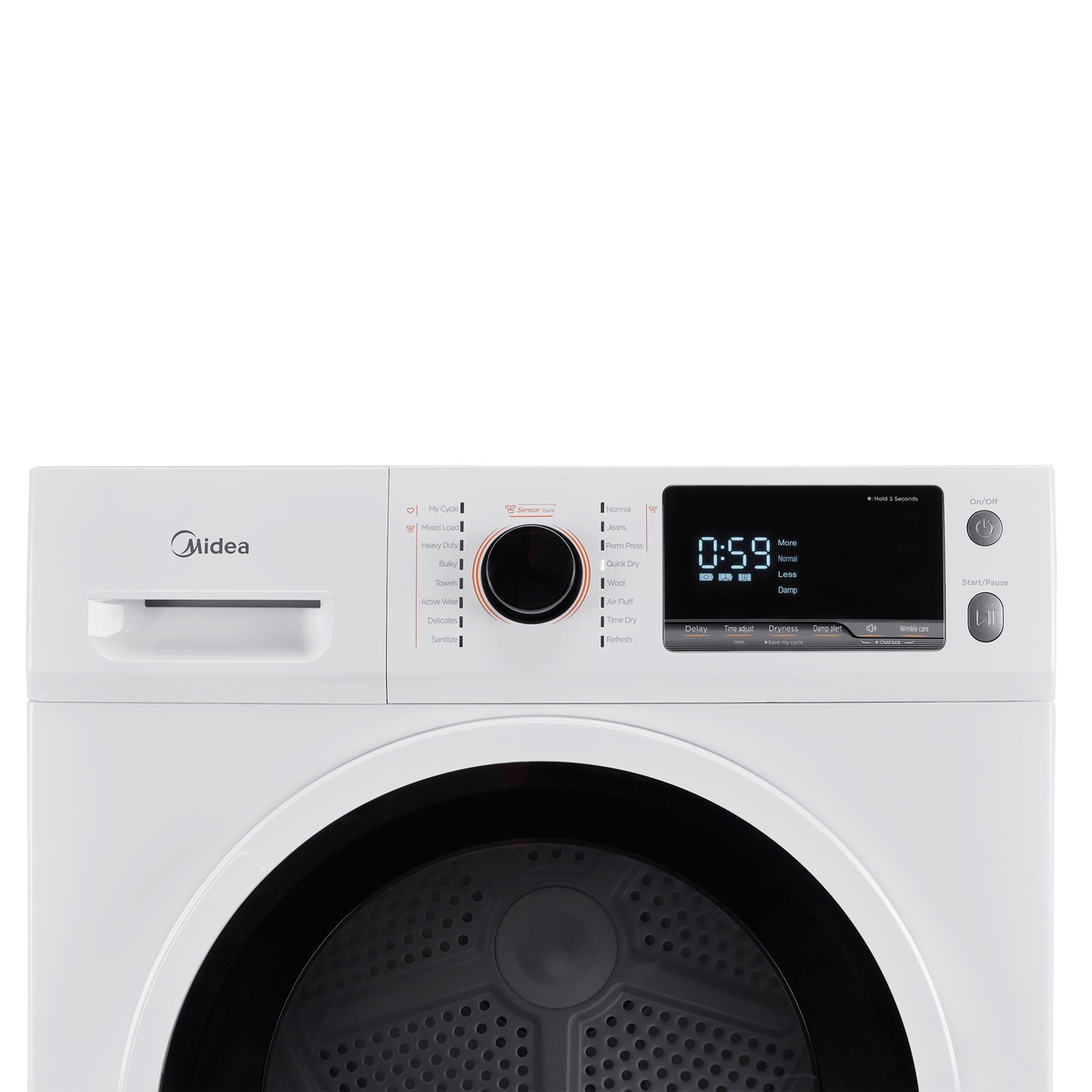 Close-up of the Midea dryer control panel with cycle dial, digital display, and start and power buttons