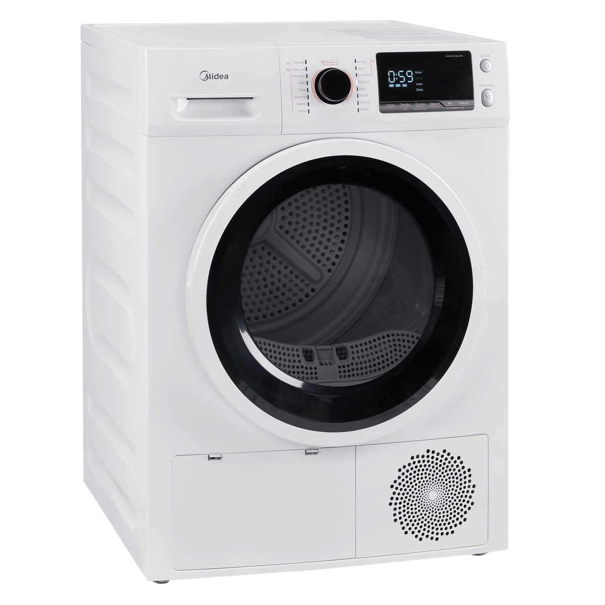 Front view of the white Midea ventless heat pump dryer with a black door window and top control panel