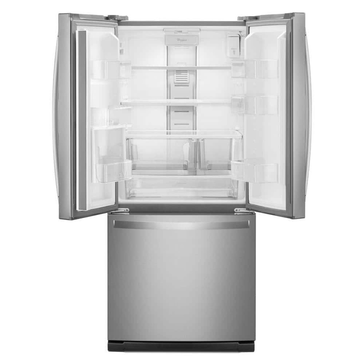 Open Whirlpool French door refrigerator showing glass shelving, door bins, and two clear humidity crisper drawers