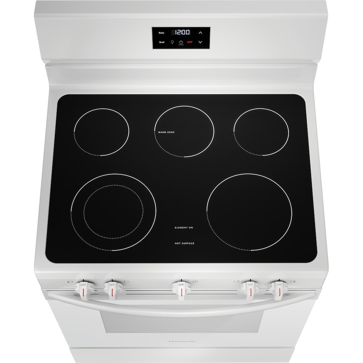 Top view of the white electric range showing the black glass radiant cooktop with five elements and a warming zone marking